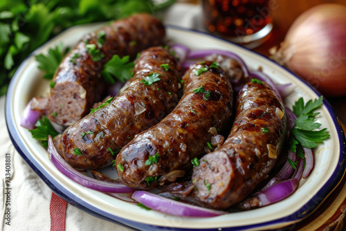plate of boudin noir, a traditional French blood sausage made with pork blood, onions, and spices