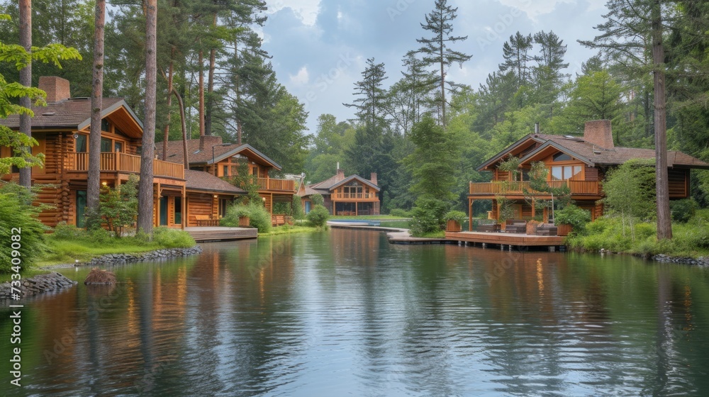 A tranquil lakeside retreat, with wooden cabins nestled among tall pine trees and a dock extending into the water A tranquil lakeside retreat, with wooden cabins nestled among tall pine trees and a dock extending into the water