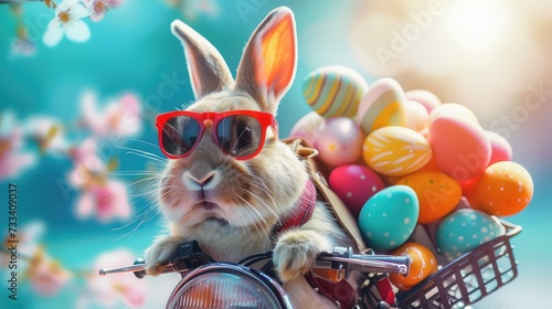 Cool Easter bunny with sunglasses and Easter eggs in his backpack on a motorbike.