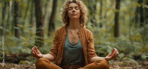 A woman practicing mindfulness and deep breathing in a peaceful forest setting
