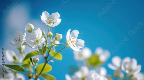  a close up of some white flowers with a blue sky in the backgrounnd of the image is a close up of some white flowers with green leaves and a blue sky in the background.