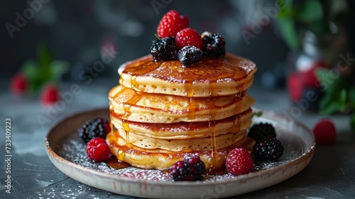 A towering stack of pancakes, golden and fluffy, drizzled with maple syrup and dotted with fresh berries