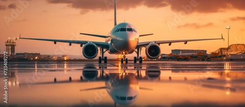 The airplane sits on the runway at sunset