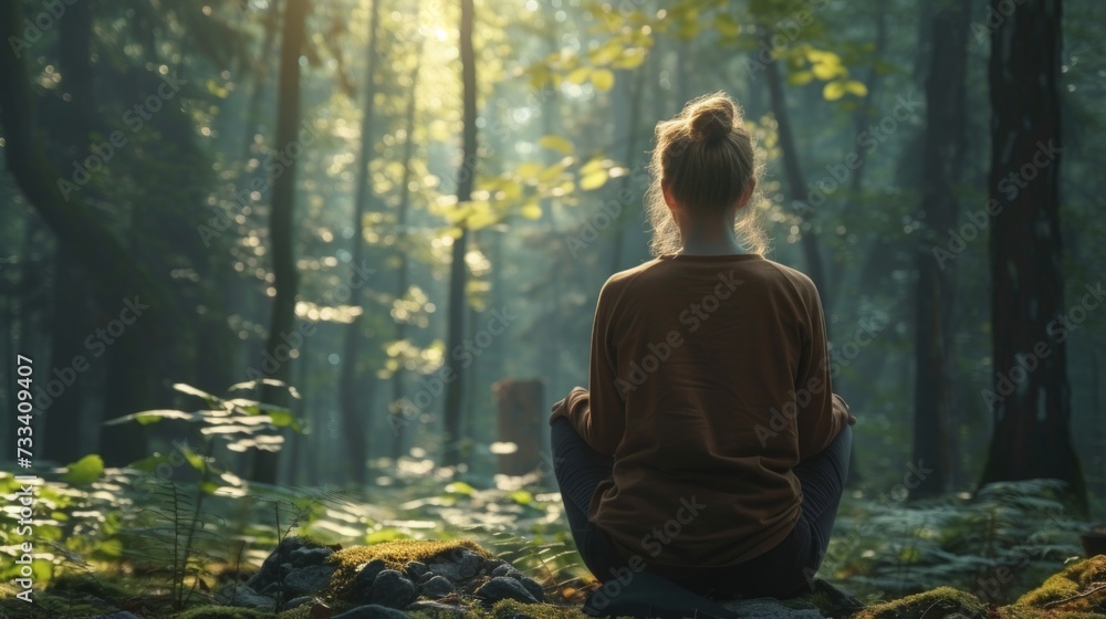 A woman practicing mindfulness and deep breathing in a peaceful forest setting A woman practicing mindfulness and deep breathing in a peaceful forest setting