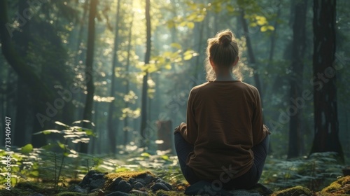 A woman practicing mindfulness and deep breathing in a peaceful forest setting