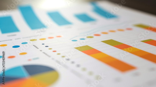 close-up of printed data charts, including bar graphs, line graphs, and pie charts, representing statistical analysis or business report findings.