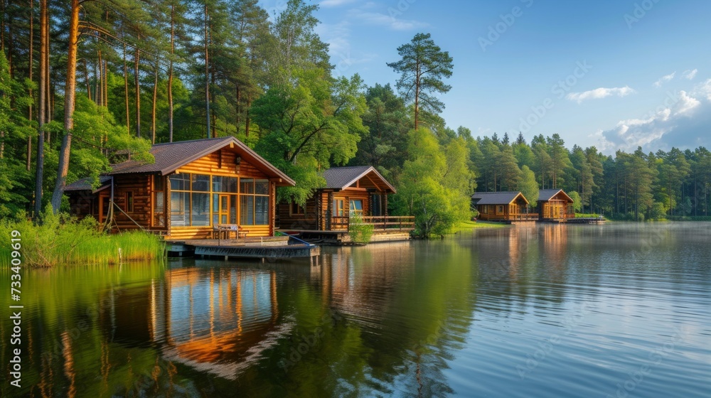 A tranquil lakeside retreat, with wooden cabins nestled among tall pine trees and a dock extending into the water