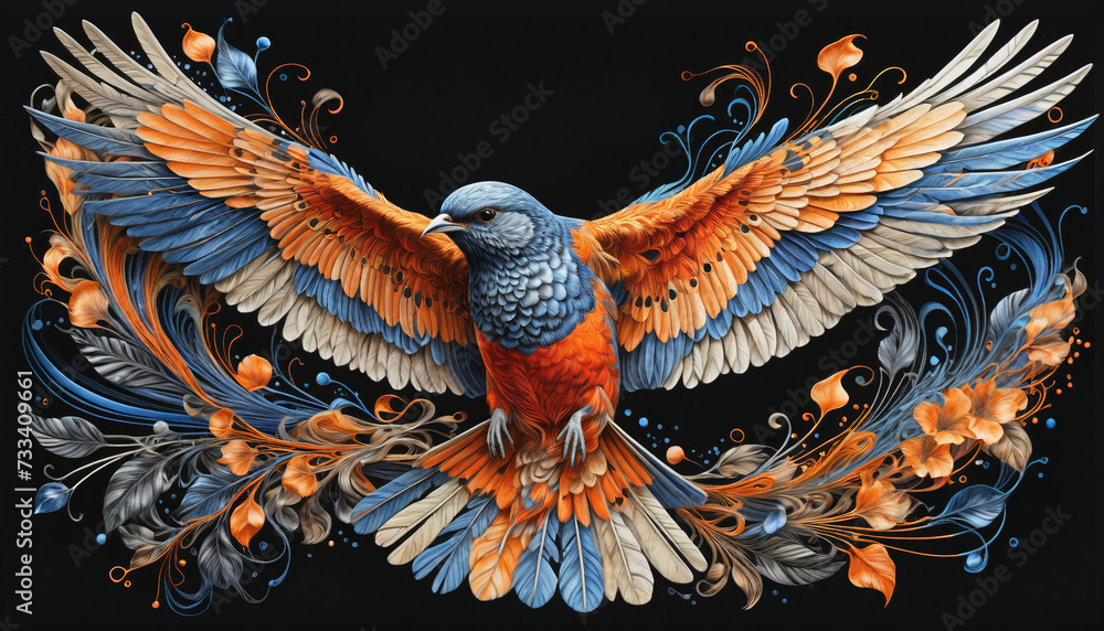 Very colorful and detailed illustration of a decorated bird spreading its wings while flying - obrazy, fototapety, plakaty 
