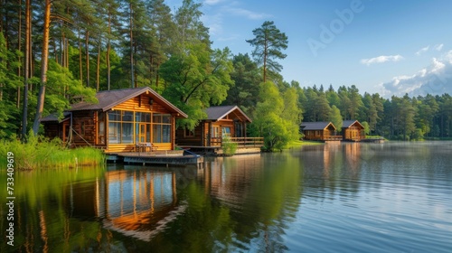 A tranquil lakeside retreat, with wooden cabins nestled among tall pine trees and a dock extending into the water photo