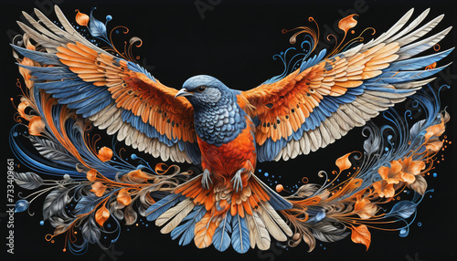 Very colorful and detailed illustration of a decorated bird spreading its wings while flying photo