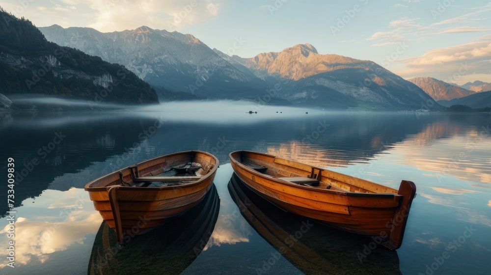  a couple of boats floating on top of a lake next to a forest covered mountain covered with clouds in the middle of a lake with a few boats in the foreground.