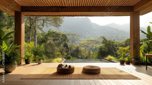 A tranquil yoga retreat  with open-air pavilions  lush gardens  and panoramic views of the surrounding mountains