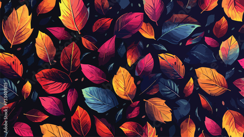 Dark seamless pattern with bright autumn leaves.