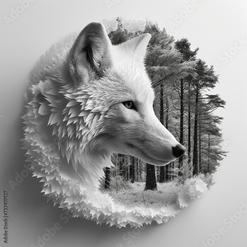 This striking black and white image blends the noble profile of an arctic wolf with a serene forest landscape, creating a visual metaphor for the wild spirit of nature. photo