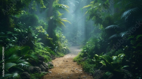 A winding path through a lush rainforest  where towering trees and exotic wildlife create a magical atmosphere