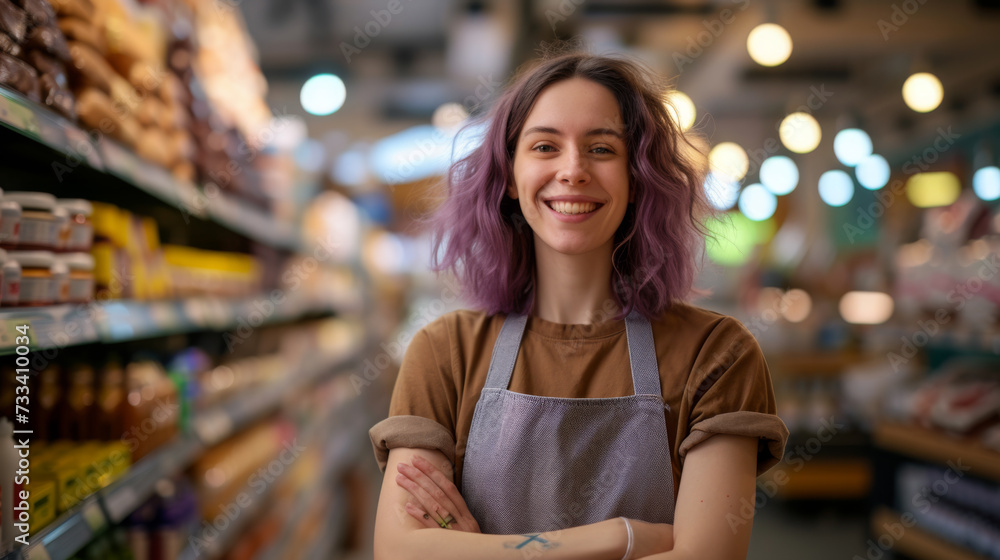 A cheerful supermarket employee in an apron stands smiling in the store, embodying friendly customer service amidst the grocery aisles. A cheerful supermarket employee in an apron stands smiling in the store, embodying friendly customer service amidst the grocery aisles.