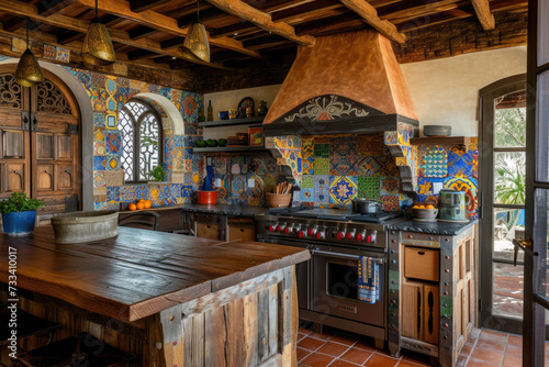 kitchen with a rustic style and a colorful backsplash