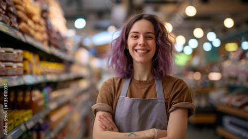 A cheerful supermarket employee in an apron stands smiling in the store, embodying friendly customer service amidst the grocery aisles.