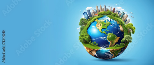 Illustration of planet Earth, cities surrounded by green trees and nature, blue sky with clouds. Eco concept, nature care and sustainability, save the planet. Wide banner with copy space