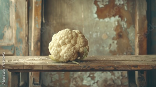 A solitary cauliflower rests on a rustic wooden table, dominating the frame