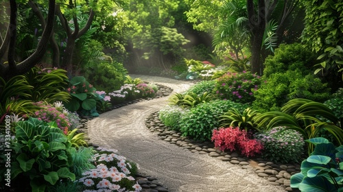 A tranquil garden oasis, with lush foliage, winding pathways, and blooming fl...