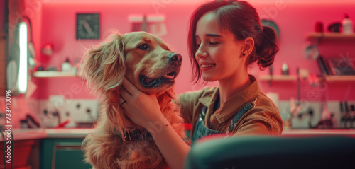 a woman is grooming her dog at a salon