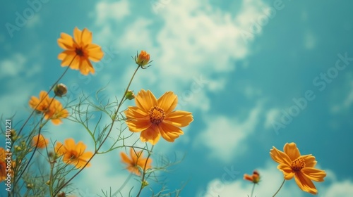  a bunch of yellow flowers in front of a blue and white sky with some clouds in the background and a few yellow flowers in the foreground of the picture.