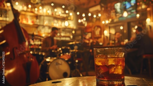 A vibrant jazz club scene, with glasses of bourbon and whiskey served alongside soulful music