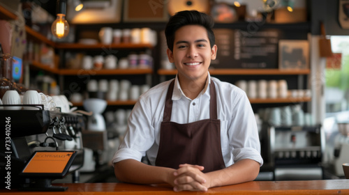 cheerful young man wearing a brown apron stands behind the counter of a cozy coffee shop.