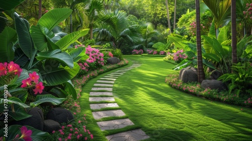 A tranquil garden oasis, with lush foliage, winding pathways, and blooming fl...