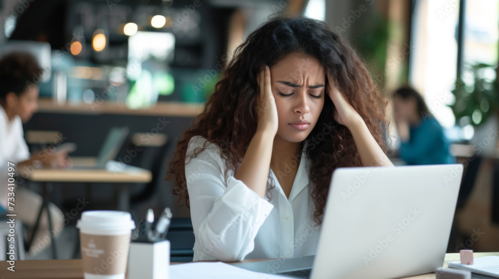 young woman sitting in front of a laptop with her hands on her temples, appearing stressed or frustrated. young woman sitting in front of a laptop with her hands on her temples, appearing stressed or frustrated.
