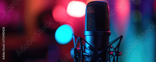 A close-up of a studio microphone with a shock mount set against a vibrant  neon-lit background.