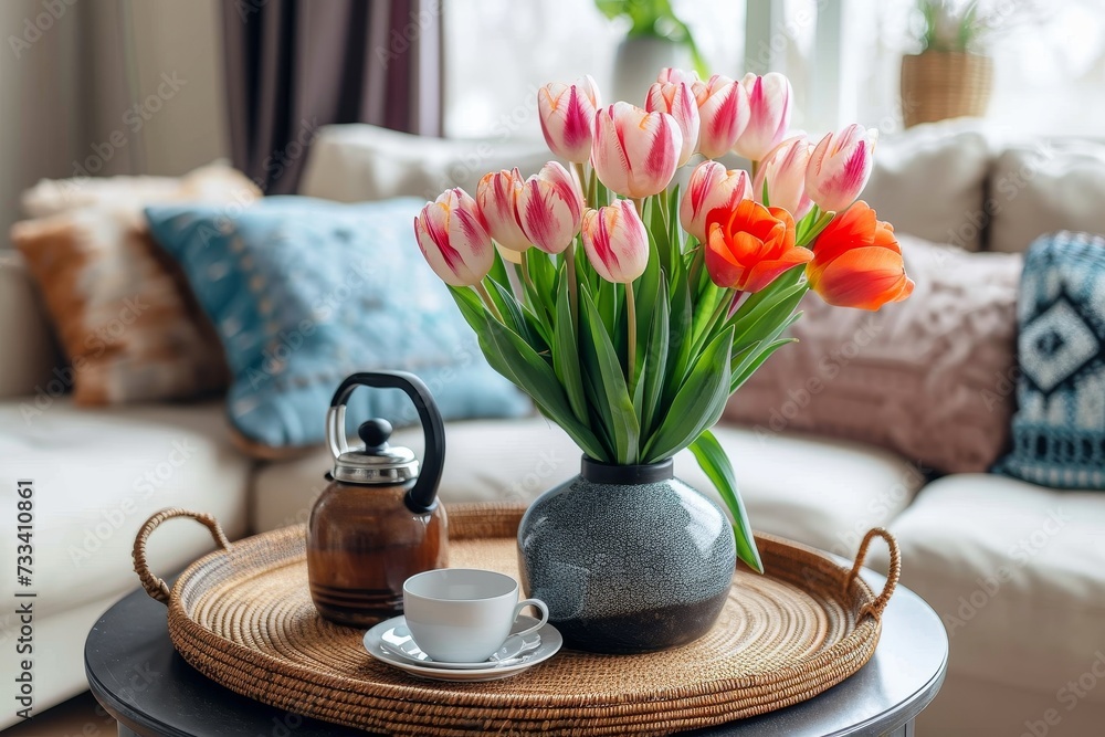 An elegant still life with a delicate porcelain vase of vibrant flowers, accompanied by a dainty teacup and saucer on a coffee table, creating a peaceful indoor oasis of beauty and serenity - obrazy, fototapety, plakaty 