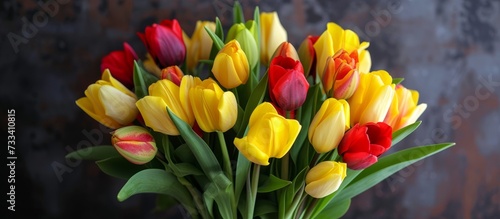 Vibrant Spring Bouquet: Bursting with Yellow, Red, and Green Tulips - a Beautiful Display of Spring Bouquet, Flowers, and Tulips photo