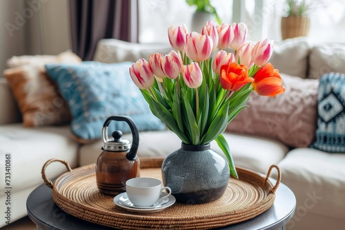 An elegant still life with a delicate porcelain vase of vibrant flowers, accompanied by a dainty teacup and saucer on a coffee table, creating a peaceful indoor oasis of beauty and serenity