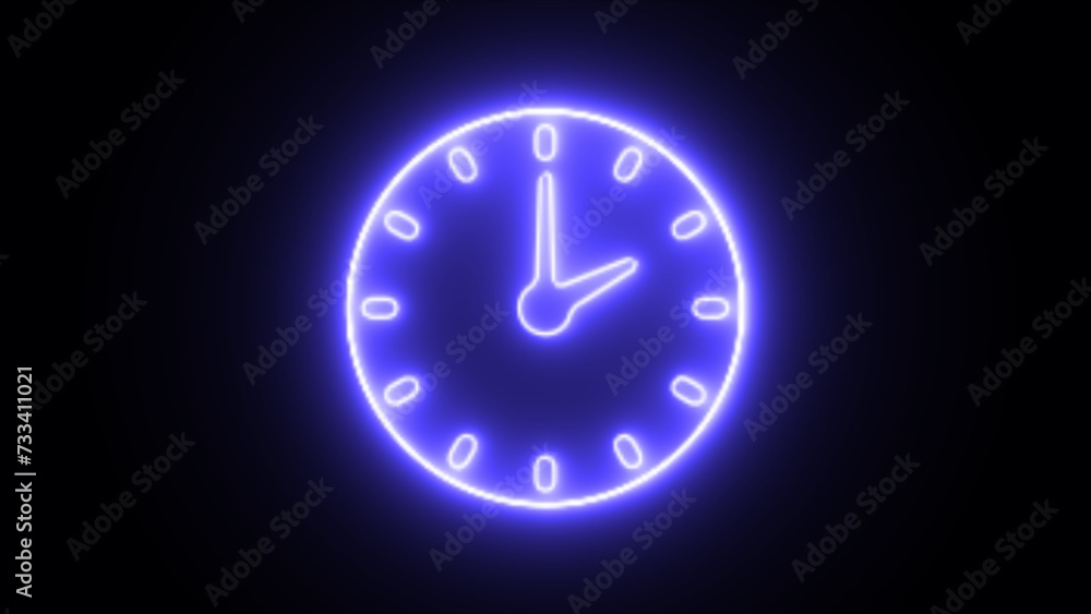 Clock icon. Clock Neon Sign. Light glowing clock icon. Counting down clock isolated animated. Neon clock on black background, 24 hours fast Clock icon. Clock Neon Sign. Light glowing clock icon. Counting down clock isolated animated. Neon clock on black background, 24 hours fast