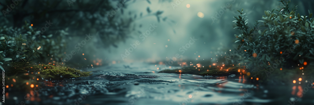 a mossy creek surrounded by fireflies a mossy creek surrounded by fireflies
