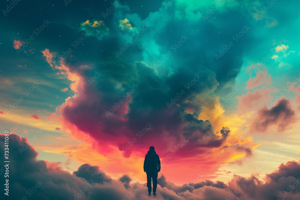 a man walks on the clouds in front of a multi sky 