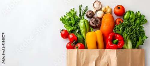 A paper bag filled with vegetables, including yellow pepper, plum tomato, and other natural foods, ready to be used as ingredients in a delicious cuisine dish.