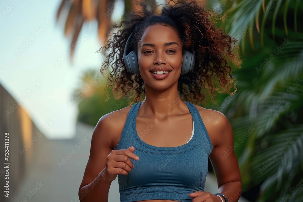 A determined female runner tunes out the world and focuses on her physical strength, clad in a sleeveless shirt and displaying her strong abdominal and shoulder muscles while wearing headphones for m A determined female runner tunes out the world and focuses on her physical strength, clad in a sleeveless shirt and displaying her strong abdominal and shoulder muscles while wearing headphones for m