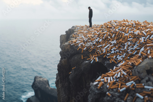 conceptual image of a person standing at the edge of a cliff, looking down at a pile of discarded cigarette butts