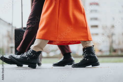 Close-up of a stylish interracial couple's feet walking on a city street, symbolizing business partnership and teamwork.