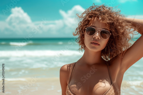 model enjoying a vacation with a beach and a sea in the background and a bikini