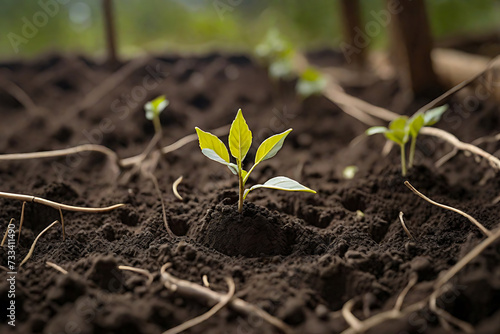 Little green sprout growing out of the soil. Concept of a new beginning. AI generated.