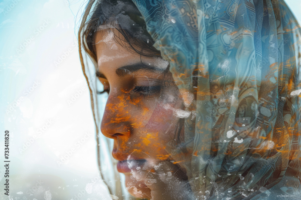 close-up double exposure image of an Arab woman holding a child, filled with an oasis.