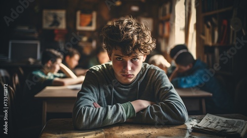a boy sitting at a table with his arms crossed photo