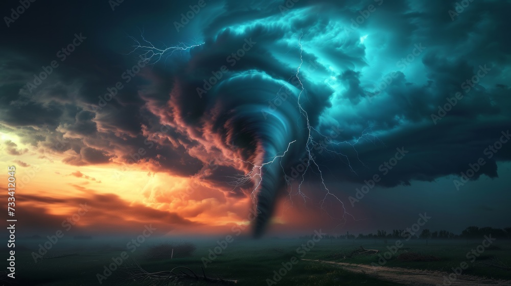 Dramatic and powerful tornado. Lightning thunderstorm flash over the night sky. Concept on topic weather, cataclysms (hurricane, Typhoon, tornado, storm). Stormy Landscap