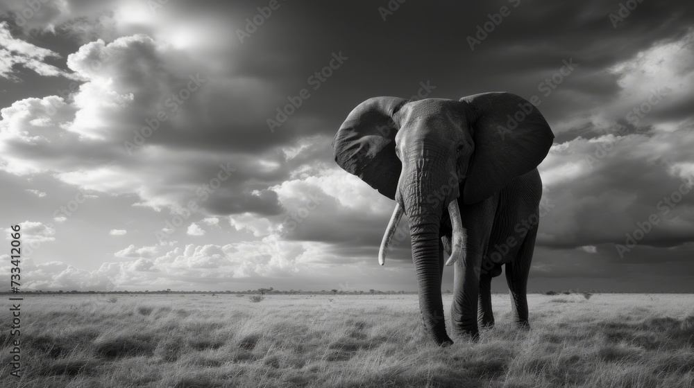 Naklejka premium Lonely elephant in savanna, black and white