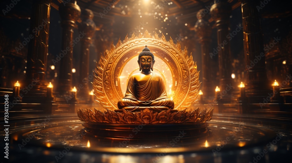 a statue of a buddha sitting on a circular object with lights - obrazy, fototapety, plakaty 