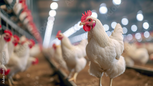 White hens close-up. Chickens standing in a henhouse or poultry farm. Modern meat and egg production line. Chicken factory interior